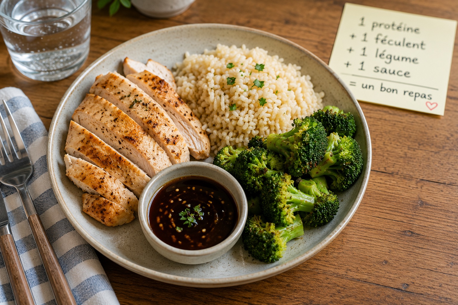 Assiette compartimentée simple montrant une portion de protéine, un féculent et des légumes.