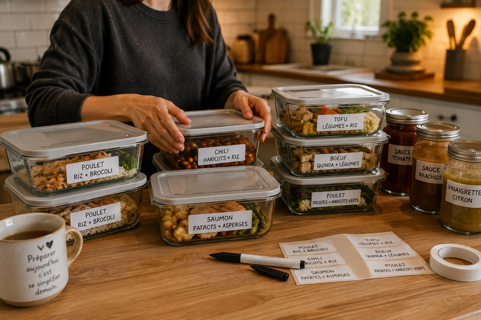 Contenants de repas préparés à l'avance, étiquetés et empilés dans un congélateur ou sur un comptoir.