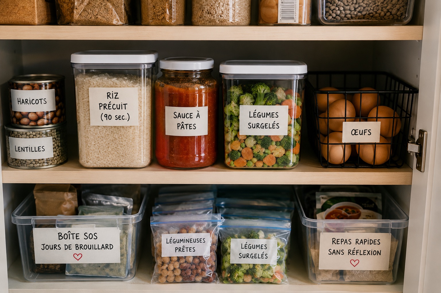 Étagère de garde-manger organisée avec des aliments de base étiquetés, ambiance rangée et rassurante.