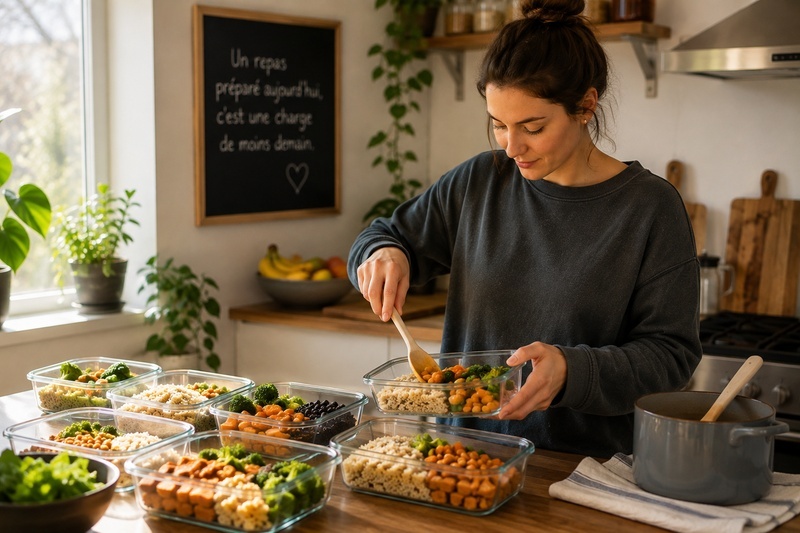 recettes-faciles-fatigue-sp-IMG-03 Plusieurs contenants de repas préparés à l'avance, prêts à être congelés en portions individuelles.