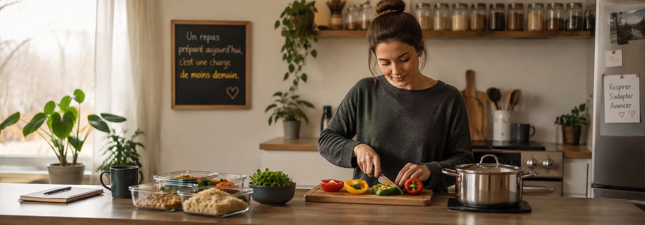 Personne préparant des repas dans une cuisine chaleureuse et lumineuse pour économiser son énergie face à la fatigue liée à la SP.